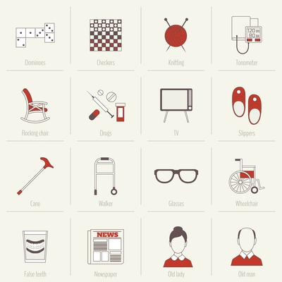 Pensioners life flat line icons set of dominoes checkers knitting isolated vector illustration