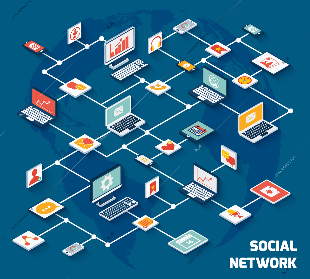 Social network concept with laptops with isometric application buttons set vector illustration