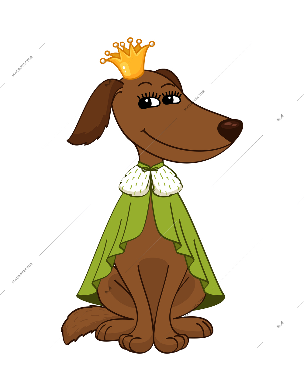 Cute brown dog wearing king crown and mantle cartoon vector illustration