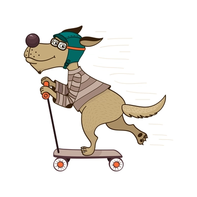 Cartoon cute dog in sweater glasses helmet riding scooter vector illustration