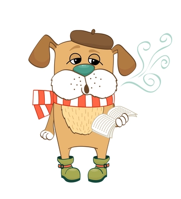 Cute sad dog in winter clothes reading book cartoon vector illustration