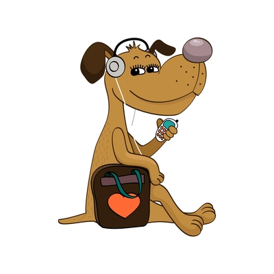 Cartoon hipster dog with retro headphones mobile phone and bag vector illustration