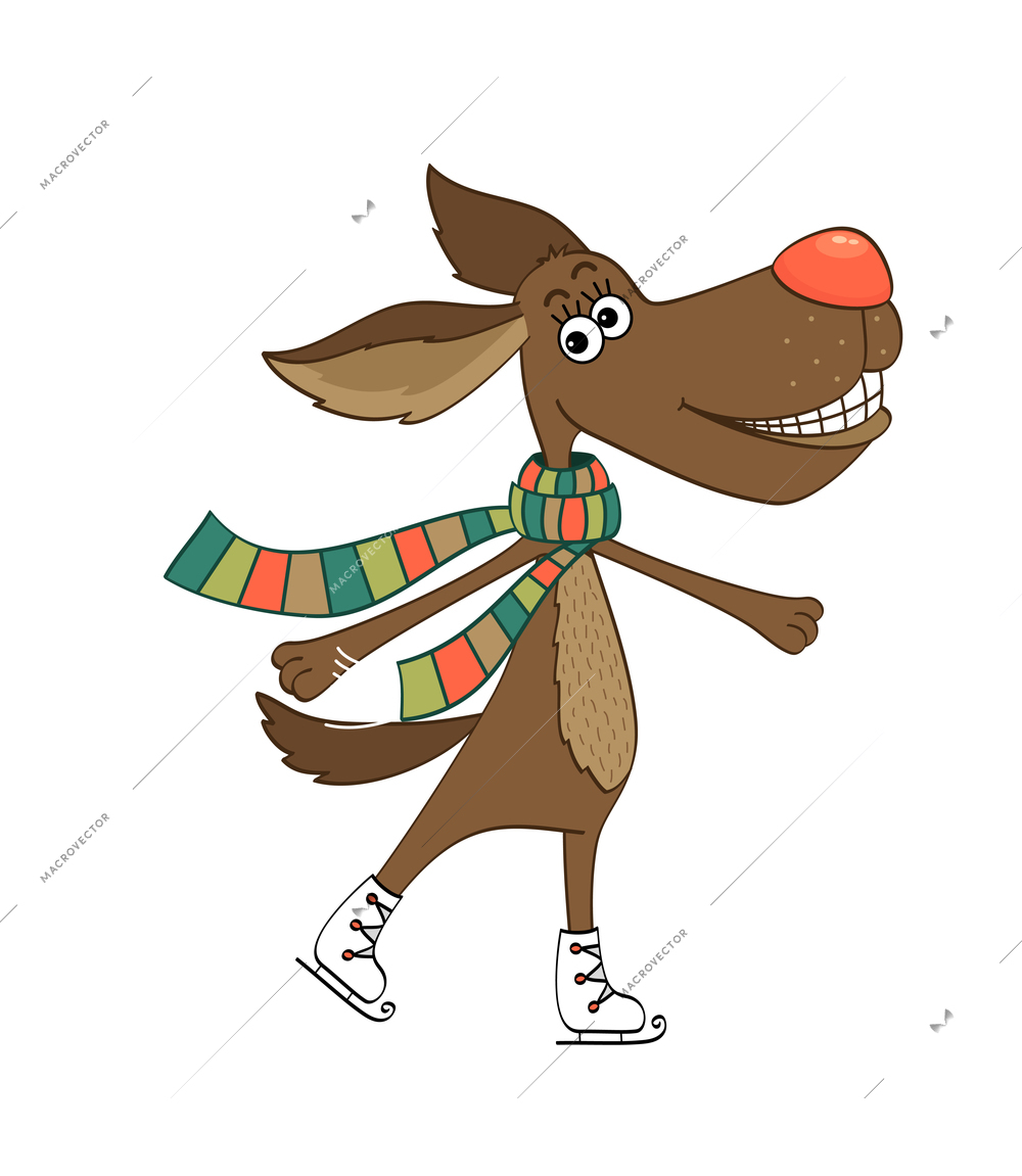 Smiling dog in scarf with red nose skating cartoon vector illustration