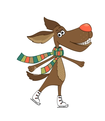 Smiling dog in scarf with red nose skating cartoon vector illustration