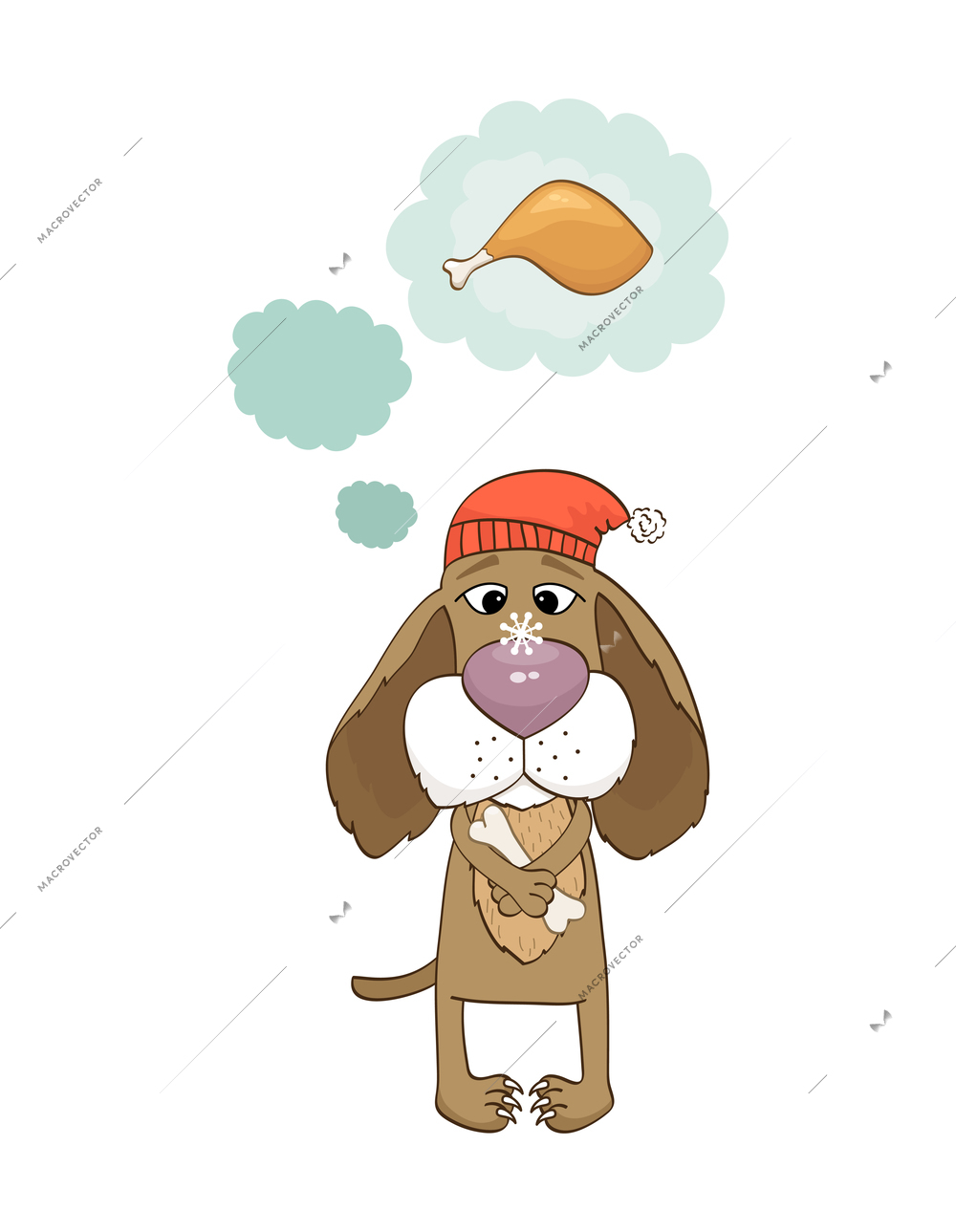 Sad hungry dog with bone dreaming of chicken leg in winter cartoon vector illustration