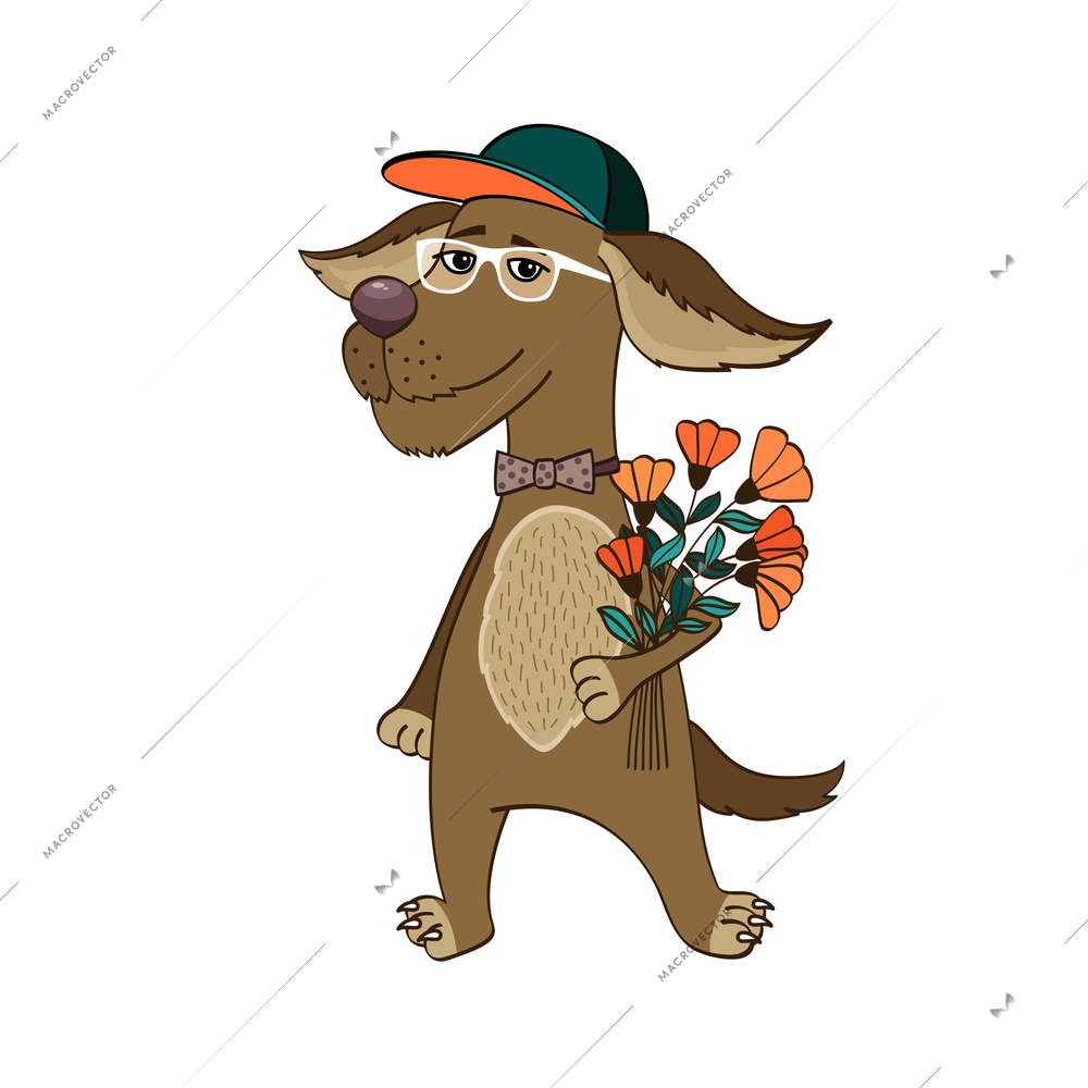 Fashionable funny dog in glasses tie and cap holding bunch of flowers cartoon vector illustration