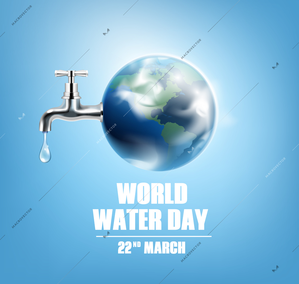 World water day blue poster with globe faucet and date 22 march realistic vector illustration