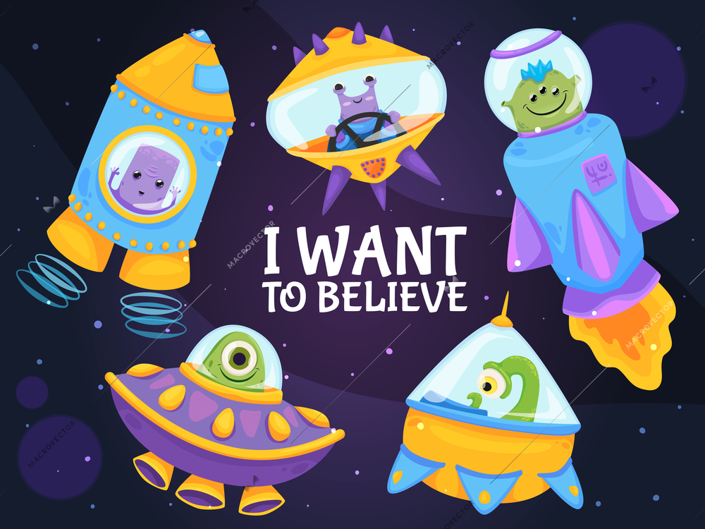 Aliens at night starry sky background with text i want to believe cartoon vector illustration