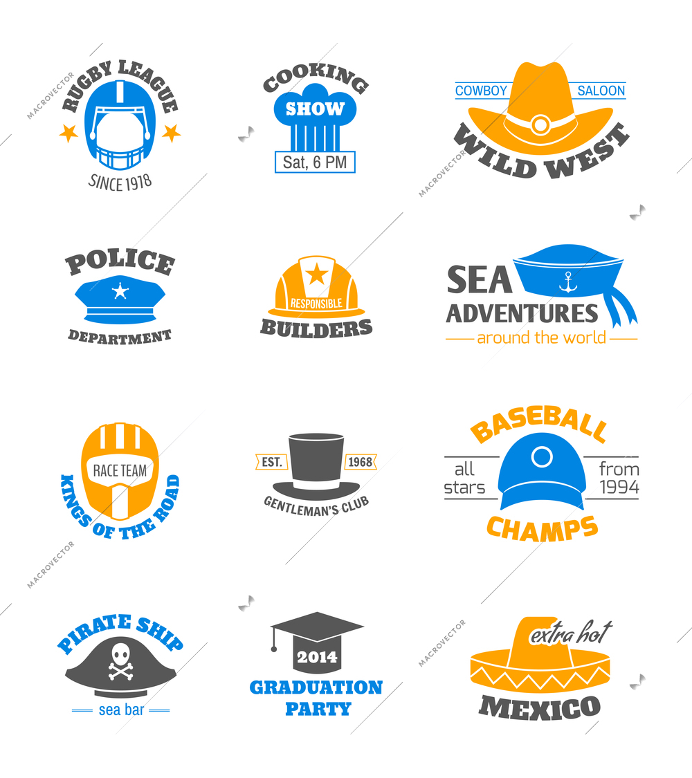 Hats and cap professions stamps set isolated vector illustration