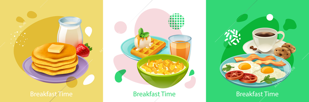 Realistic design concept with three kinds of tasty cooked breakfast isolated vector illustration