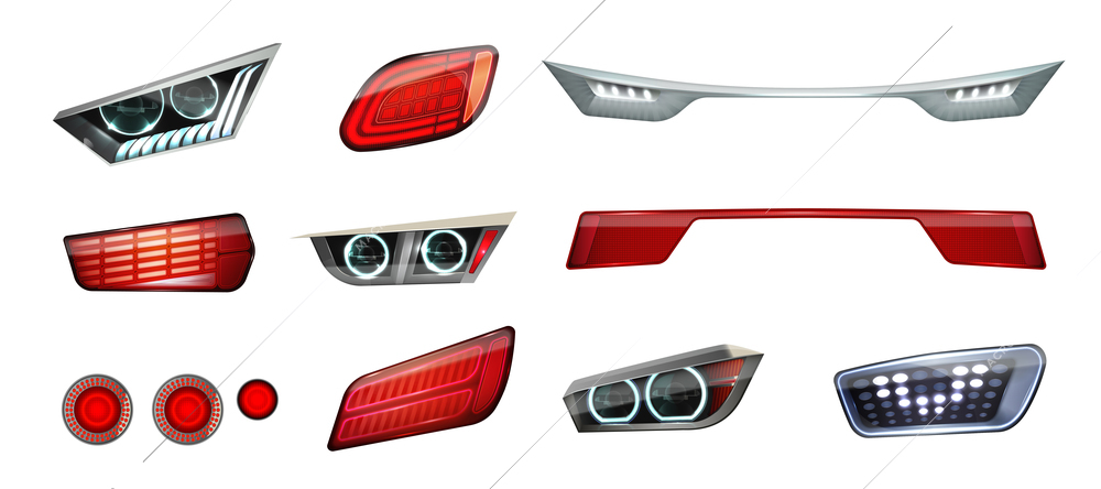 Realistic car headlights realistic icon set front and rear lights in red and white vector illustration