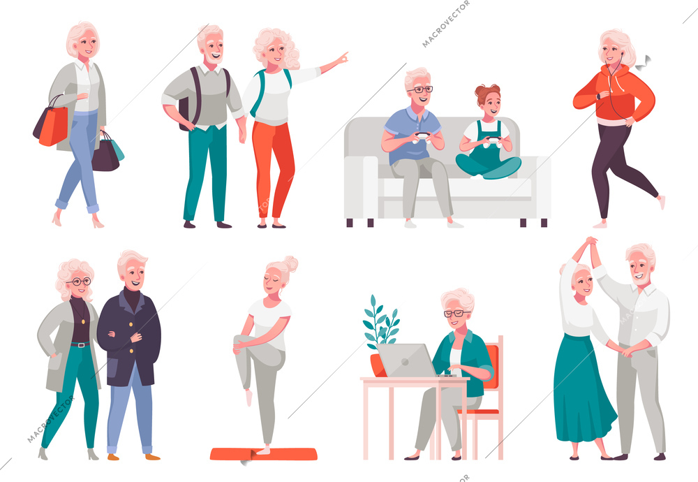 Elderly senior people daily life with shopping travel jogging dancing socializing gaming cartoon set isolated vector illustration