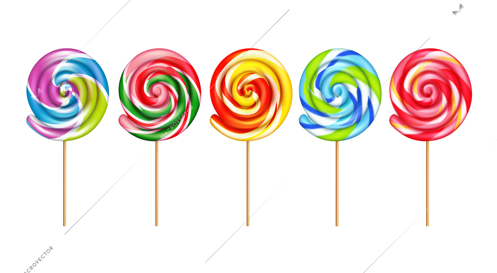 Lollypops realistic set of five striped sweet candies in colors of rainbow isolated vector illustration