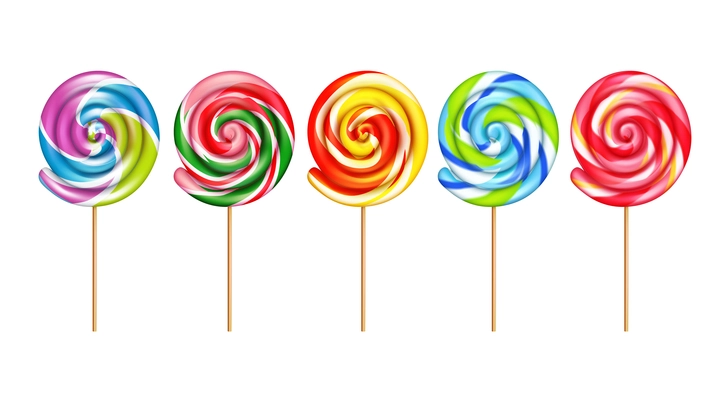 Lollypops realistic set of five striped sweet candies in colors of rainbow isolated vector illustration