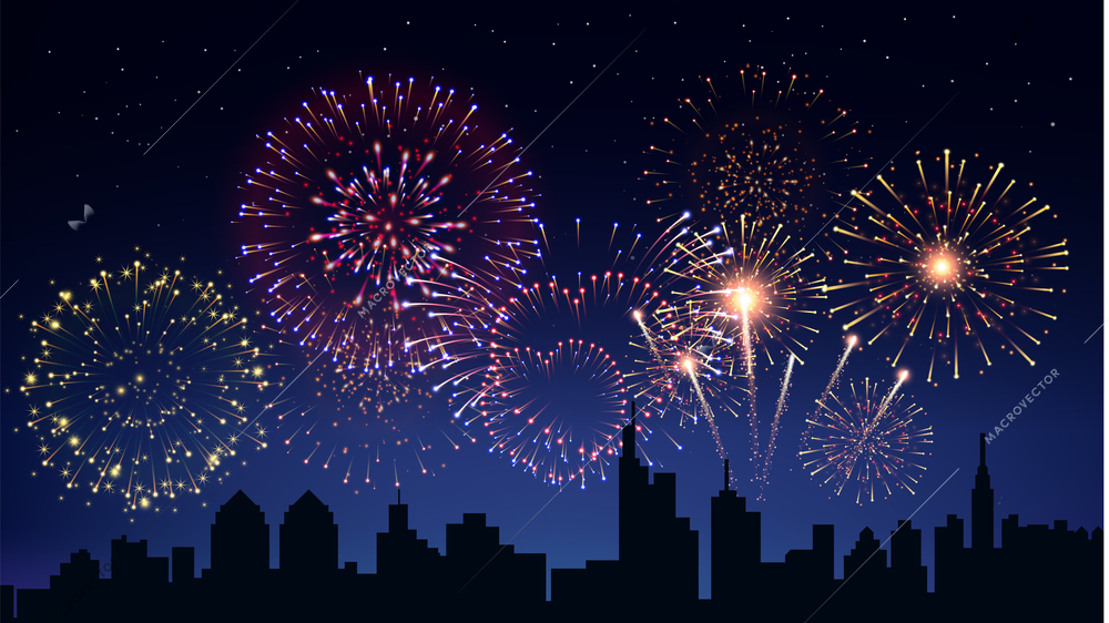 Pyrotechnics and fireworks in city background with city sky realistic vector illustration