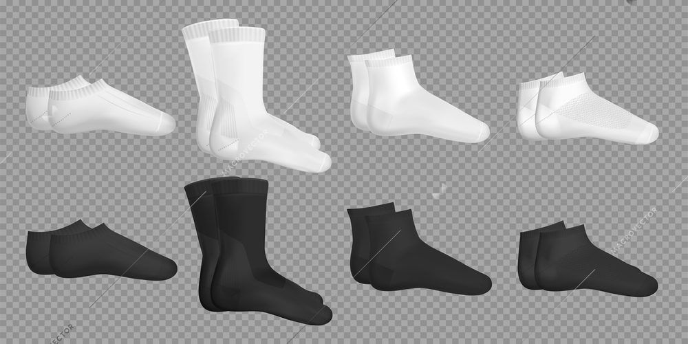 Black and white template examples of different casual socks types realistic set on transparent background isolated vector illustration