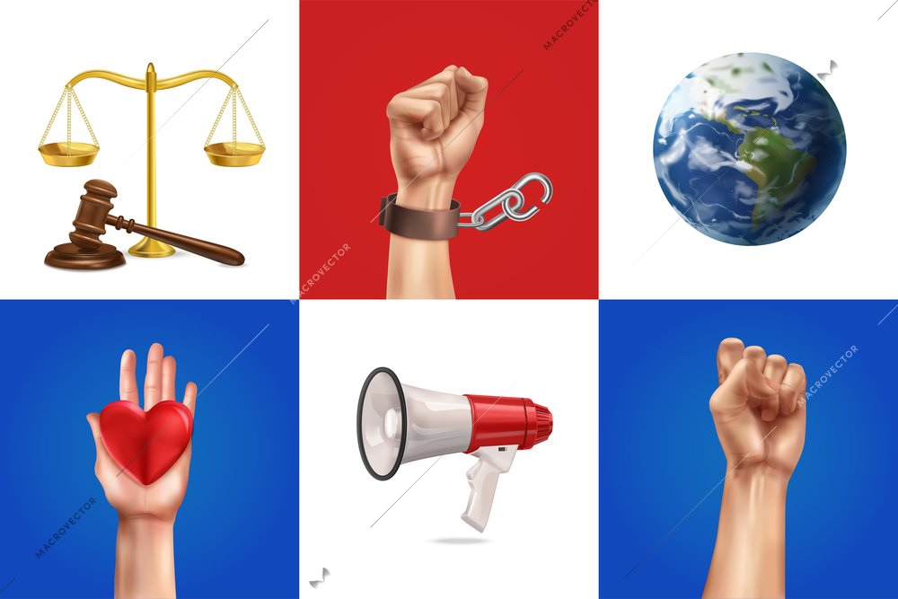 Social justice design concept set of broken chain judge gavel scales globe and megaphone square icons realistic vector illustration