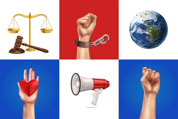 Social justice design concept set of broken chain judge gavel scales globe and megaphone square icons realistic vector illustration