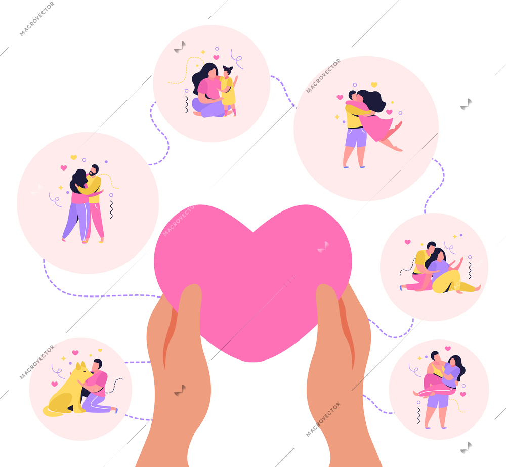 Hug day flat background with round compositions of lovers couples and human hands holding valentines card vector illustration