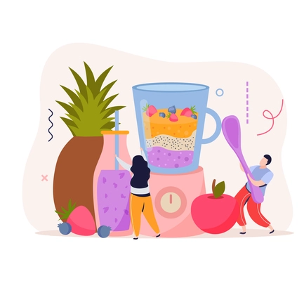 Vegan food background with composition of whole fruit images blender and people making fresh cocktail drink vector illustration