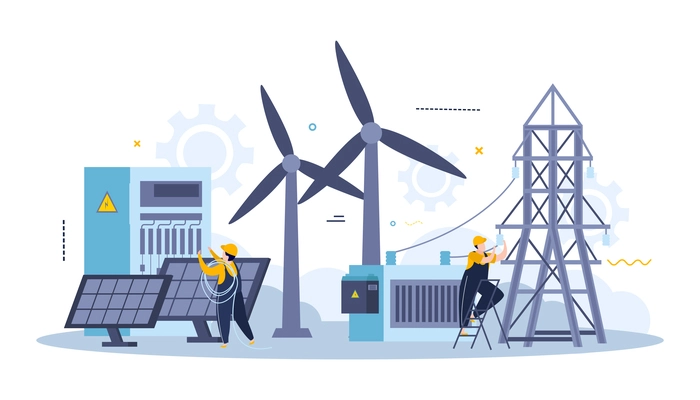 Electricity and lightning flat composition with power lines solar batteries and wind turbines with worker characters vector illustration