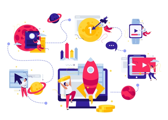 Startup flat composition with flowchart of target icons with planets rockets and infographic elements with people vector illustration