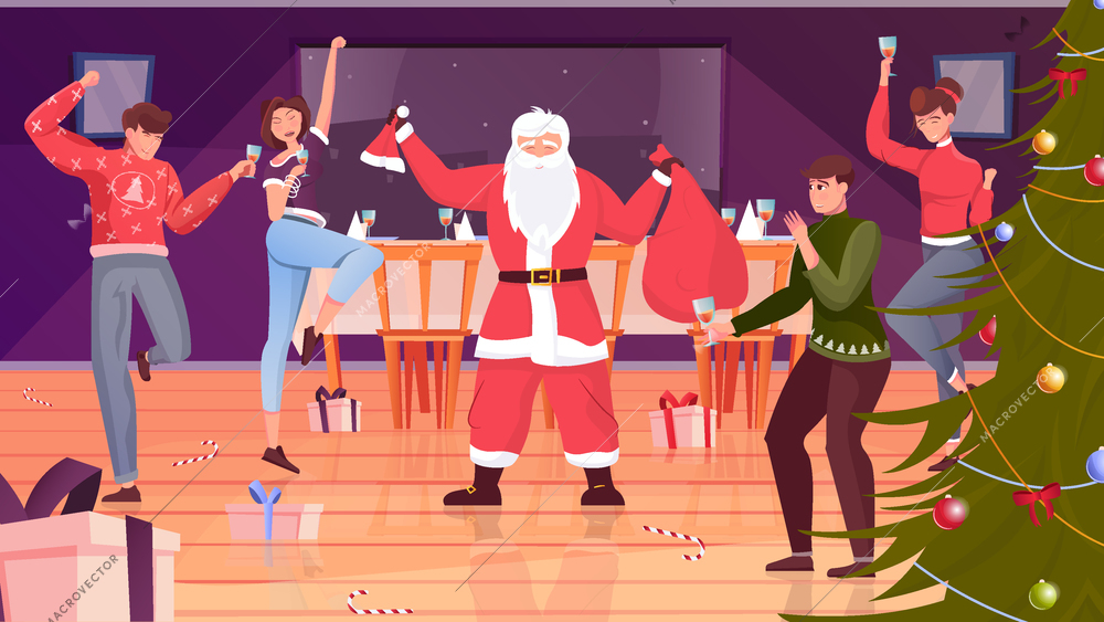 Christmas party flat background with santa claus and people celebrating holiday with champagne glasses vector illustration
