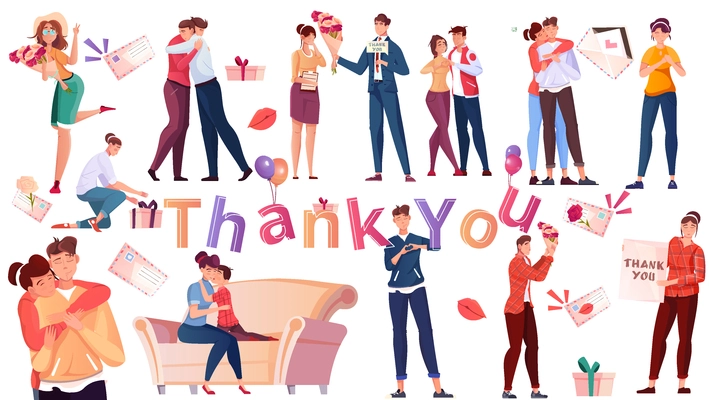 International thank you day flat set of people kissing embracing and presenting bouquet of flowers isolated vector illustration