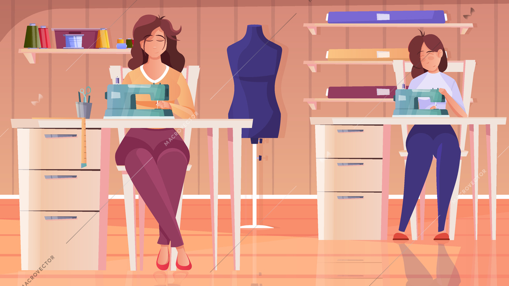 Tailoring workshop flat background with seamstress female characters working at sewing machine vector illustration