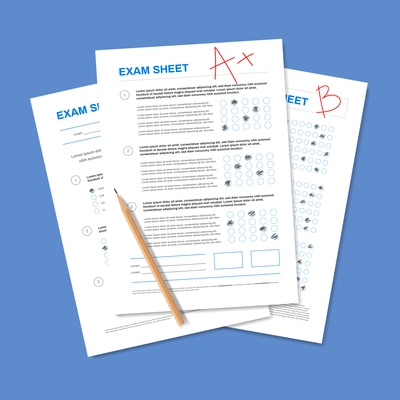 Realistic test paper composition with pencil and stack of students paperwork with marks and correct answers vector illustration