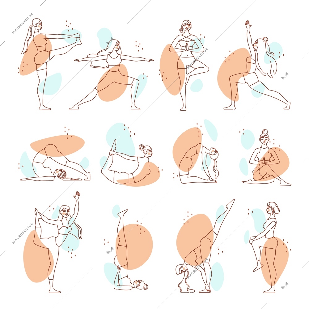 Woman yoga line art color set of young girls doing hatha yoga exercises isolated vector illustration