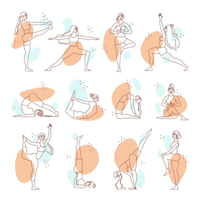Woman yoga line art color set of young girls doing hatha yoga exercises isolated vector illustration