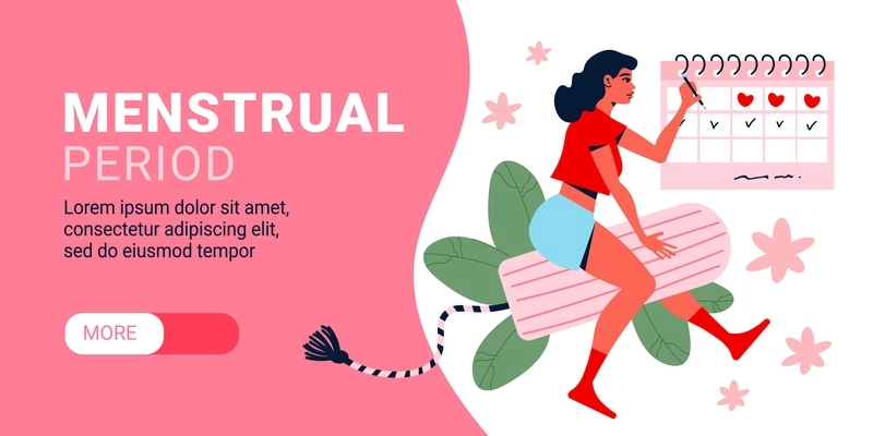 Menstruation pms woman horizontal banner with editable text button with woman astride vaginal pack and calendar vector illustration