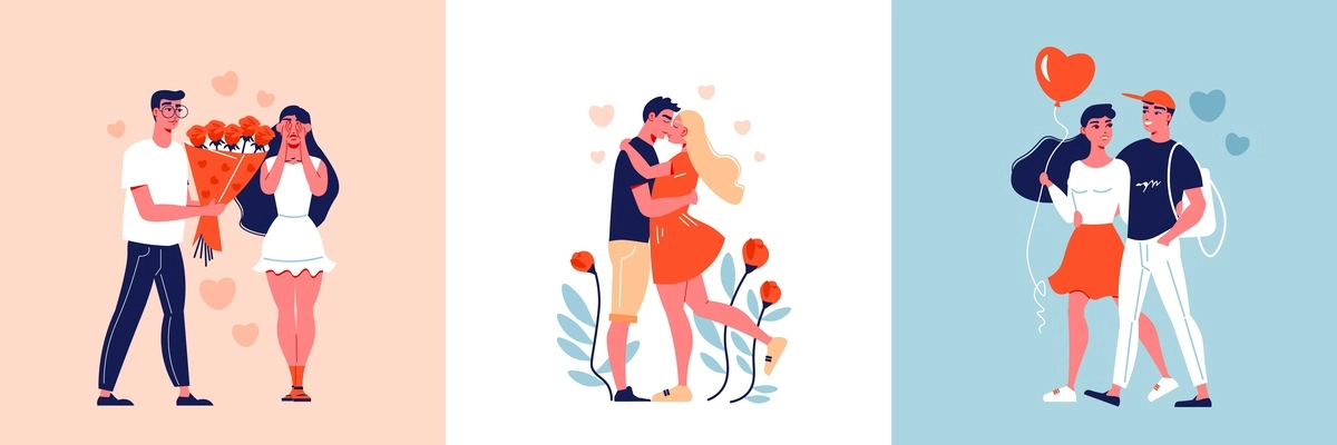 Valentine day love design concept with square compositions of young loving couple with flowers heart icons vector illustration