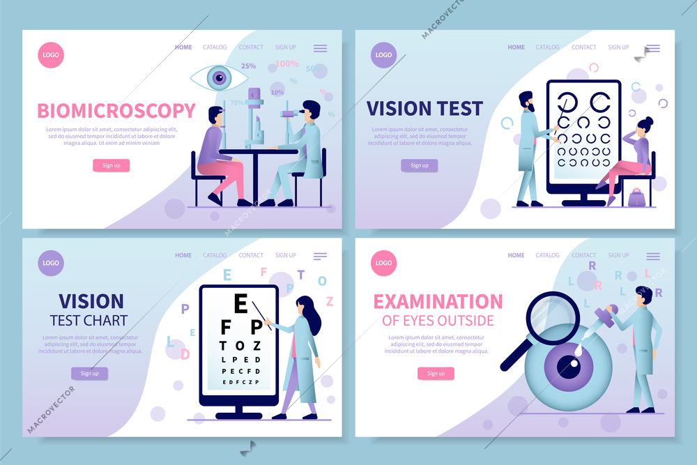 Ophthalmology flat app web site cards set of horizontal banners with clickable links and doctor characters vector illustration
