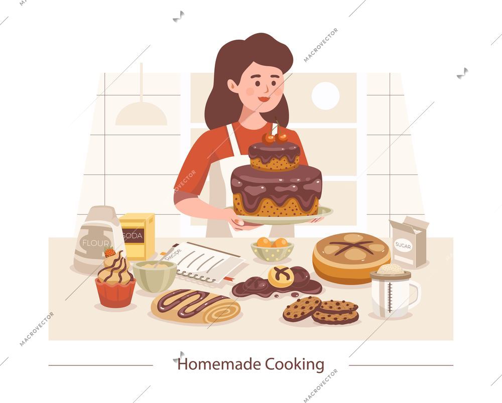Cooking homemade composition with female cook character with table and ingredients for preparing confectionery products cakes vector illustration