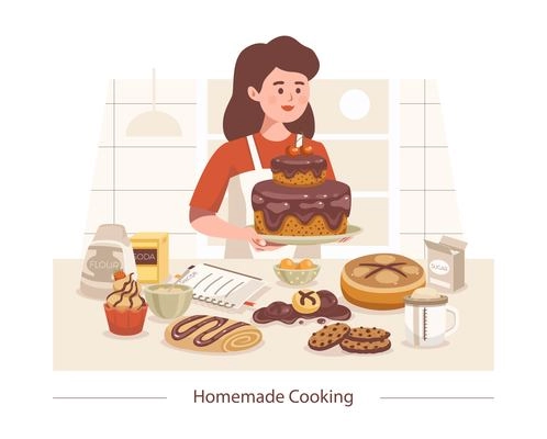 Cooking homemade composition with female cook character with table and ingredients for preparing confectionery products cakes vector illustration