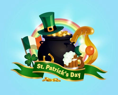 Saint patricks day horizontal composition with text on ribbon flag of ireland hat clover and rainbow vector illustration