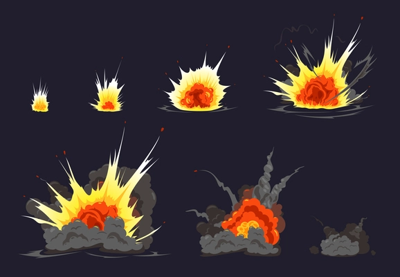 Bomb explosion cartoon animation comics strip series with colorful fire bang debris cloud black background vector illustration