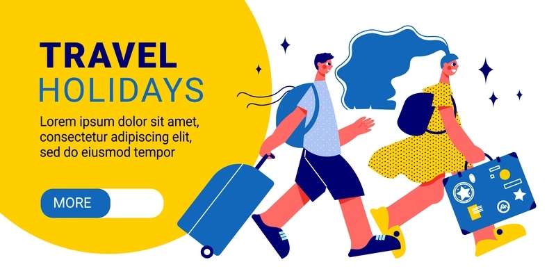 Travel horizontal banner with characters of walking tourists with suitcases editable text and slider more button vector illustration