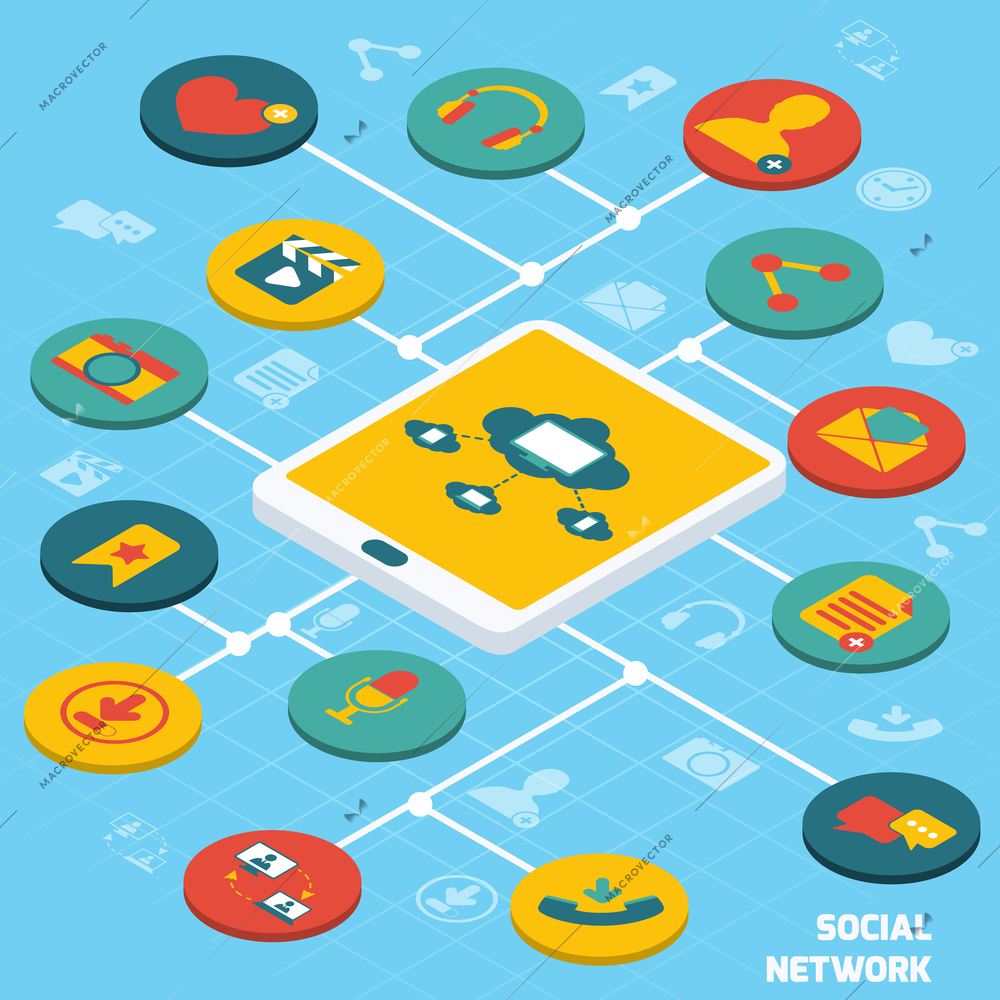 Social network concept with tablet and isometric application buttons set vector illustration