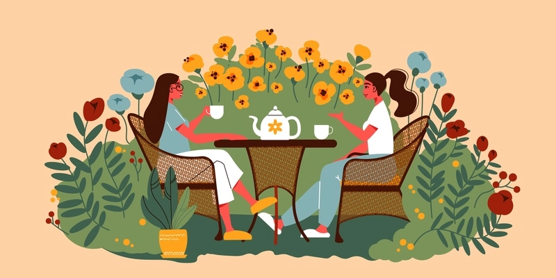 Gardening people composition with two women sitting at table drinking tea outdoors surrounded by flowers blossom vector illustration