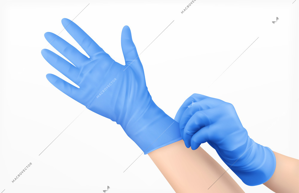 Pare of human hands in blue latex gloves used for personal protection realistic design concept vector illustration