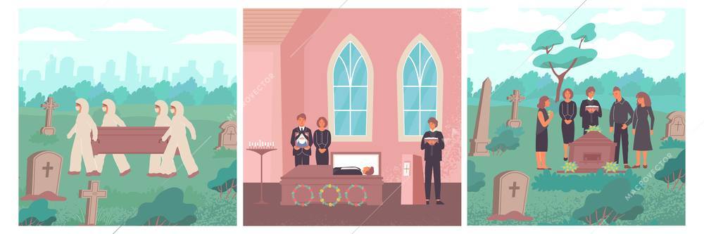 Funeral flat set of three square compositions with landscapes and people during covid-19 burial rites vector illustration