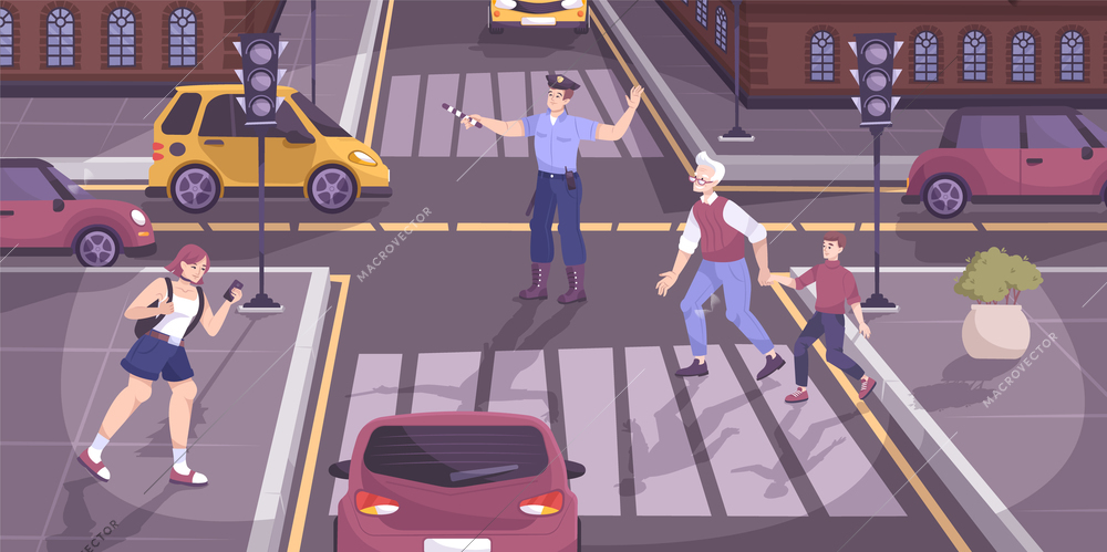 Traffic police regulation background with crossroad and pedestrians symbols flat vector illustration