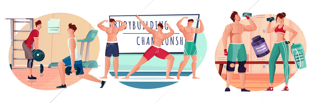 Bodybuilding flat composition set with athletes training in gym drinking protein cocktail isolated vector illustration