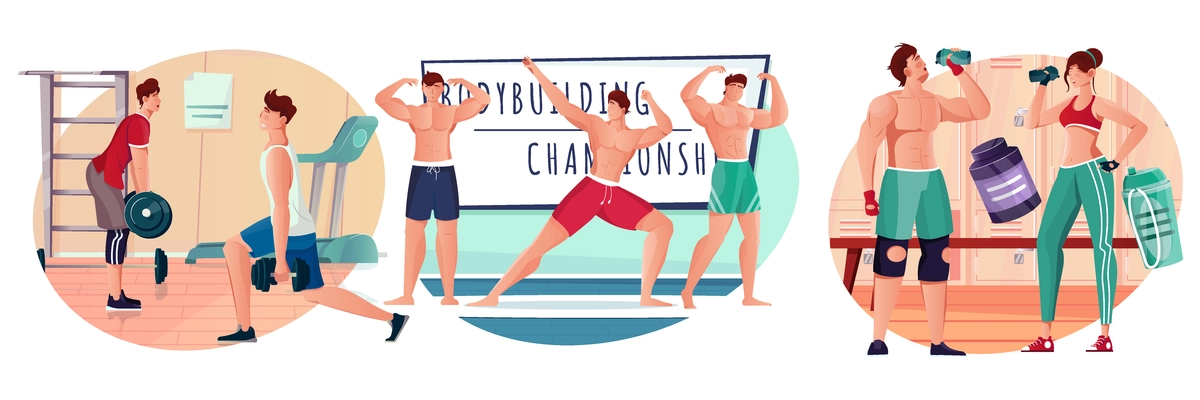 Bodybuilding flat composition set with athletes training in gym drinking protein cocktail isolated vector illustration