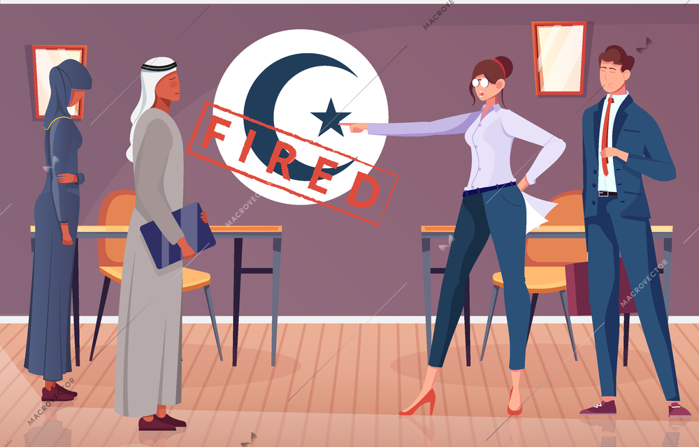 Religion discrimination with fired islamic man and woman flat vector illustration