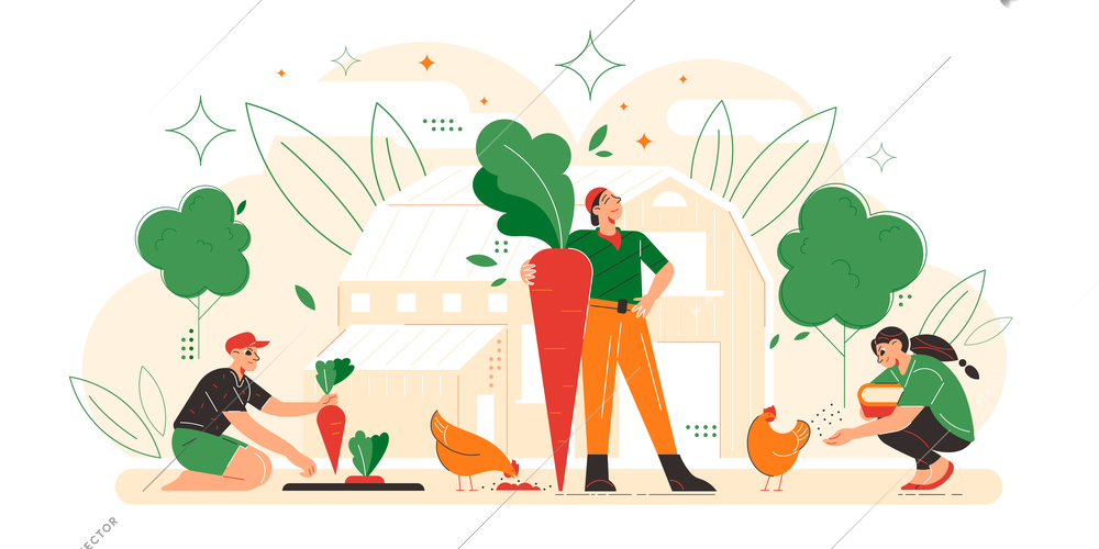 Farmer family flat composition with harvesting father holding huge carrot mother feeding chicks daughter farmhouse background vector illustration