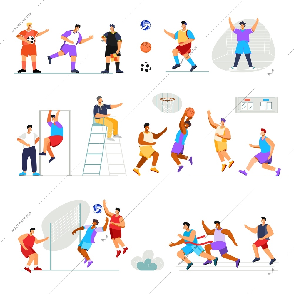 Sports stadium set with flat human characters of playing athletes with workout and places for referee vector illustration